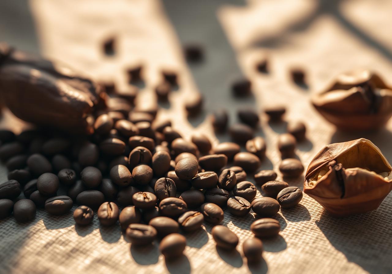 Granos de café y cacao dominicano sobre lino natural